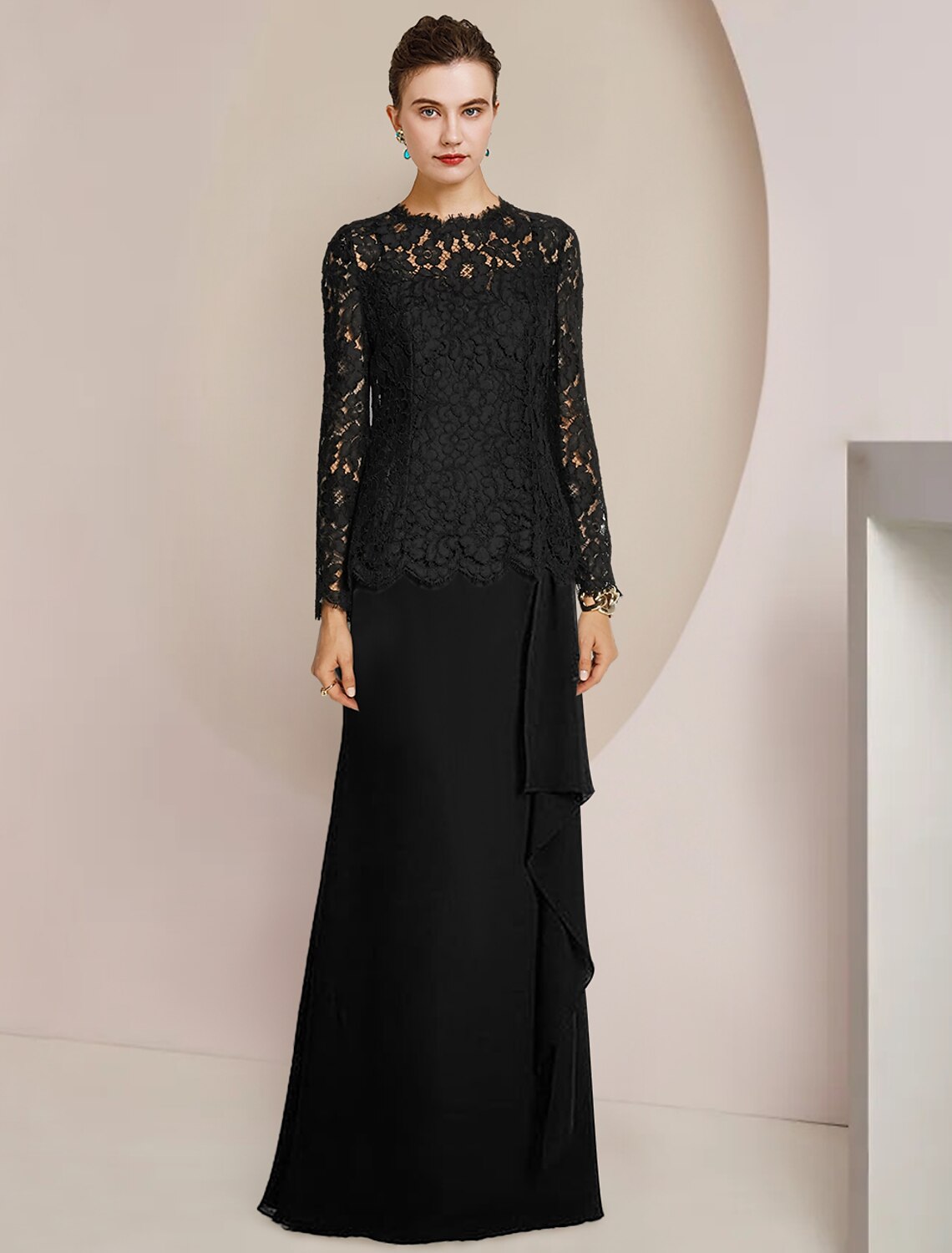 Luolandi A-Line Mother of the Bride Dress Formal Wedding Guest Vintage Elegant Scoop Neck Floor Length Chiffon Lace Long Sleeve