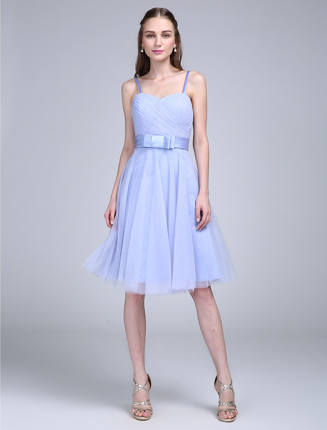 Luolandi A-Line Bridesmaid Dress Spaghetti Strap Sleeveless Knee Length Tulle with Bow(s) Cross