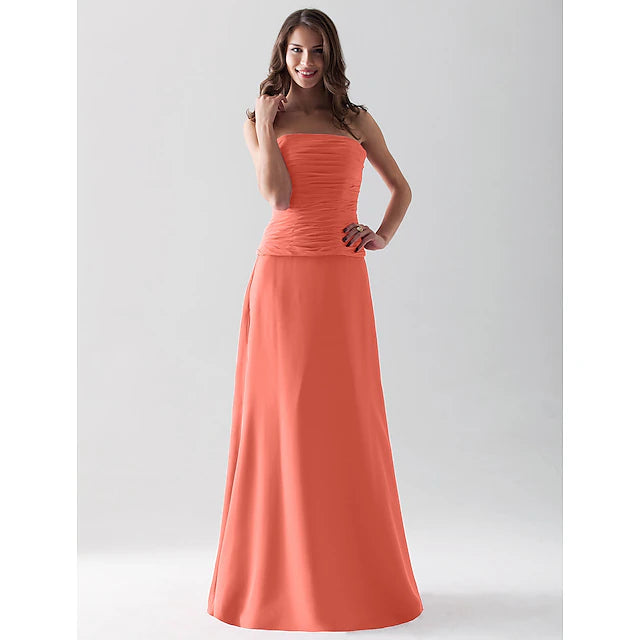 Luolandi Sheath / Column Bridesmaid Dress Strapless / Straight Neckline Sleeveless Open Back Floor Length Chiffon