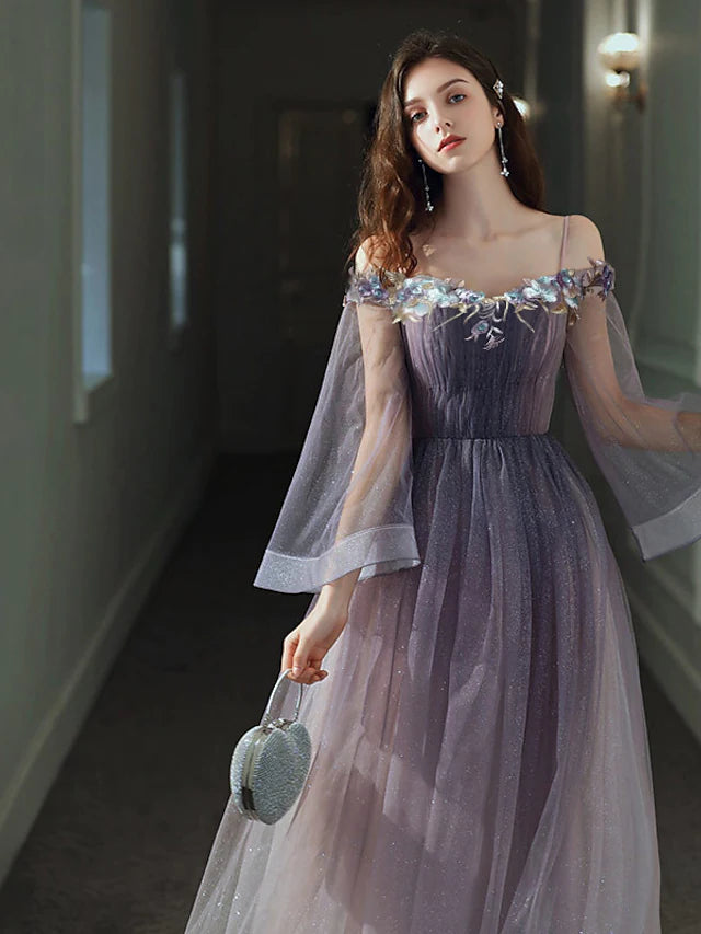 Luolandi A-Line Minimalist Elegant Party Wear Prom Dress Off Shoulder Long Sleeve Floor Length Tulle