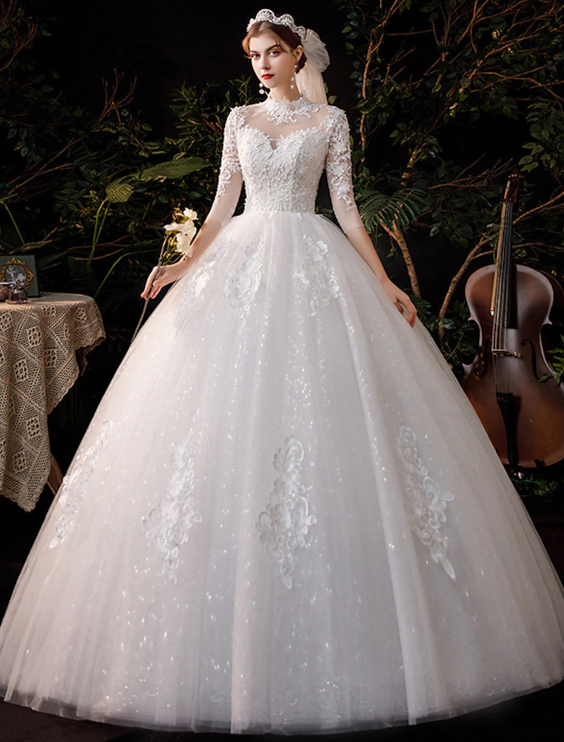 Luolandi Reception Wedding Dresses Ball Gown High Neck Half Sleeve Floor Length Lace Bridal Gowns