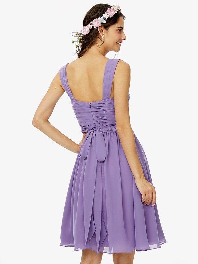 Luolandi A-Line Bridesmaid Dress Straps Sleeveless Open Back Knee Length Chiffon with Sash / Ribbon / Bow(s)