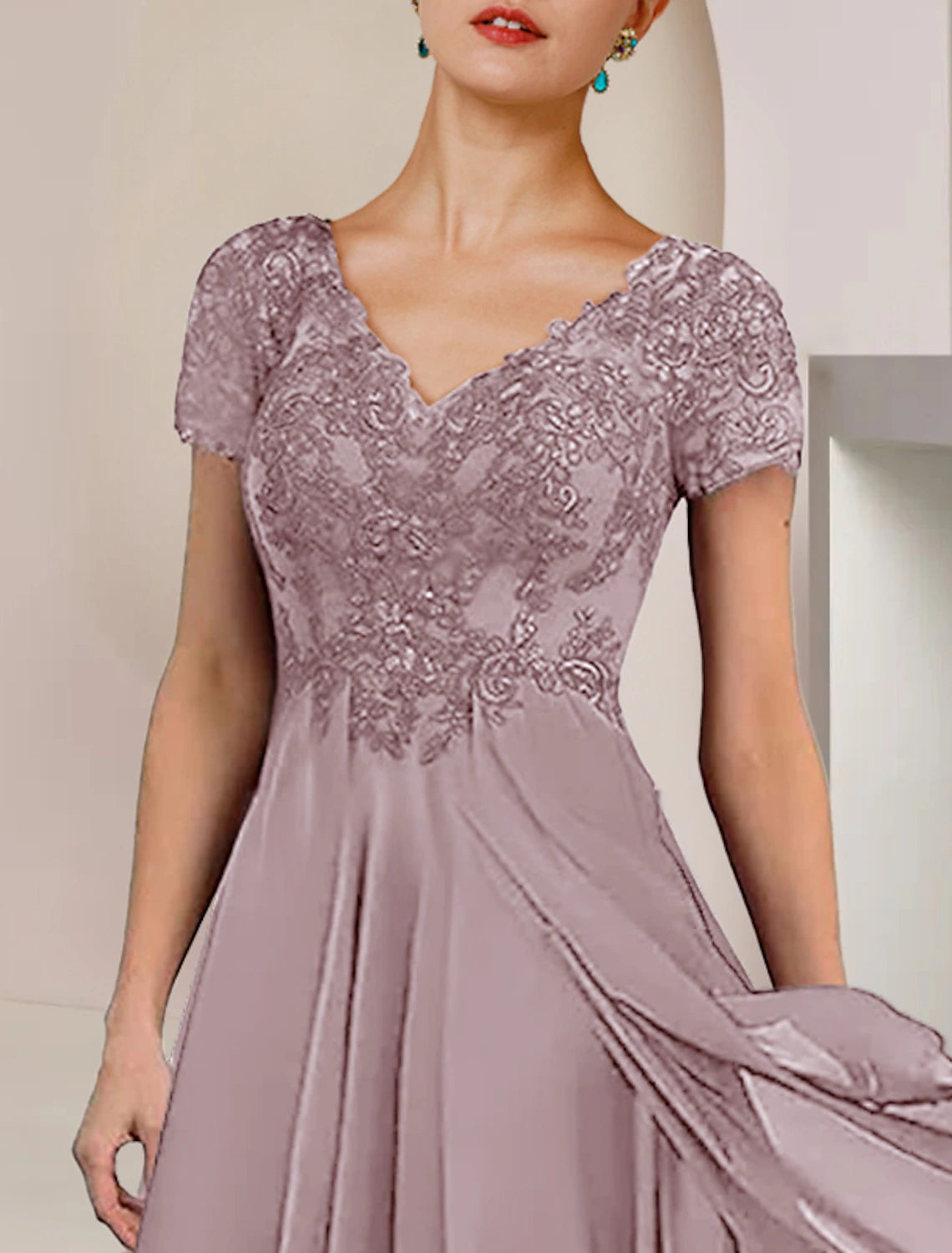 Luolandi Two Piece A-Line Mother of the Bride Dress Formal Wedding Guest Elegant V Neck Asymmetrical Tea Length Chiffon Lace Short Sleeve Wrap Included with Pleats