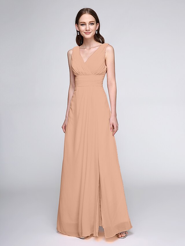 Luolandi Sheath / Column Bridesmaid Dress V Neck Sleeveless Elegant Floor Length Chiffon with Criss Cross