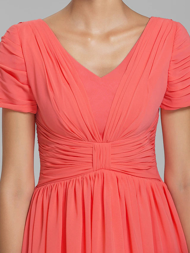 Luolandi Sheath / Column Bridesmaid Dress V Neck Short Sleeve Vintage Inspired Knee Length Chiffon with Ruched