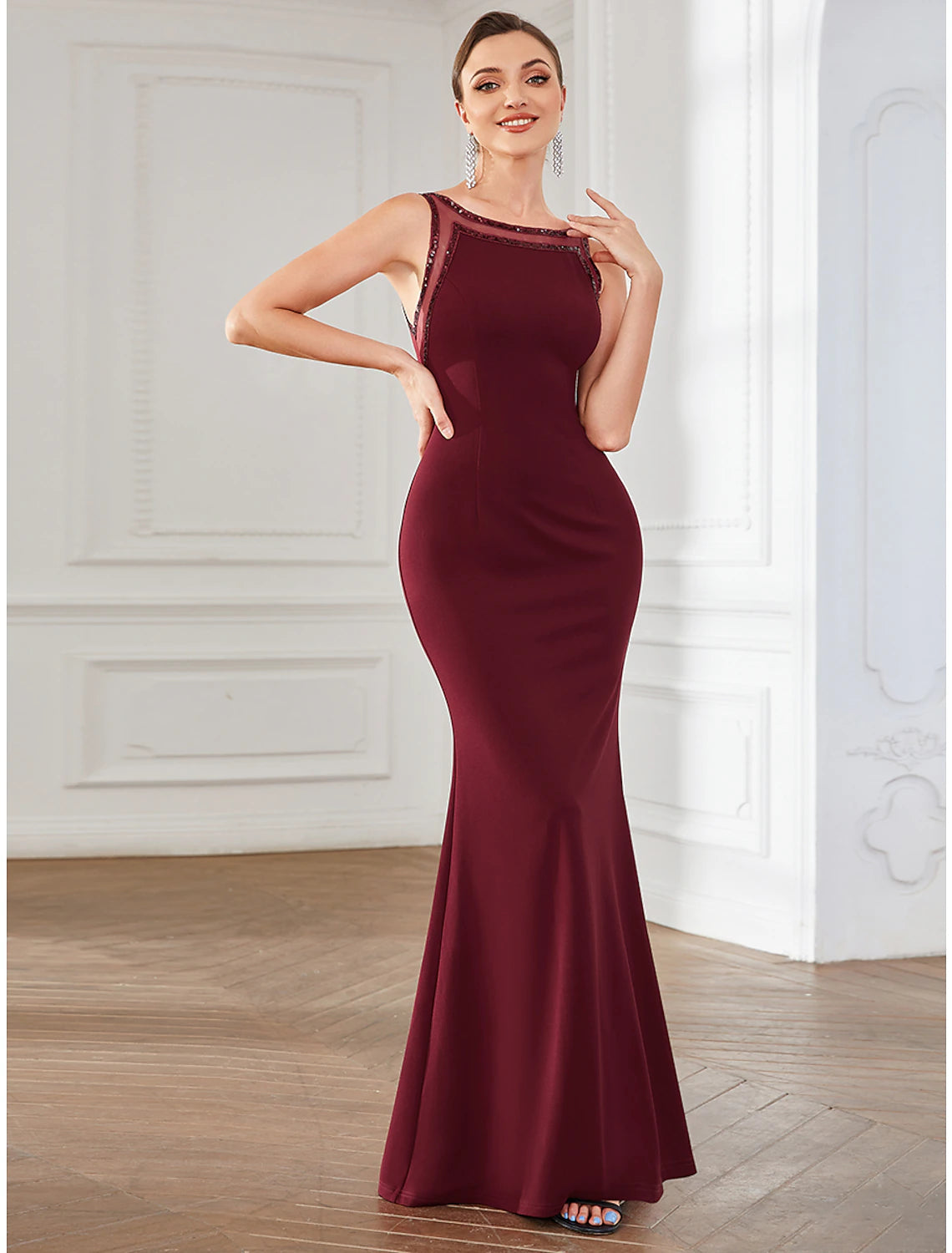 Luolandi Mermaid / Trumpet Party Dresses Elegant Dress Party Wear Floor Length Sleeveless Jewel Neck Polyester