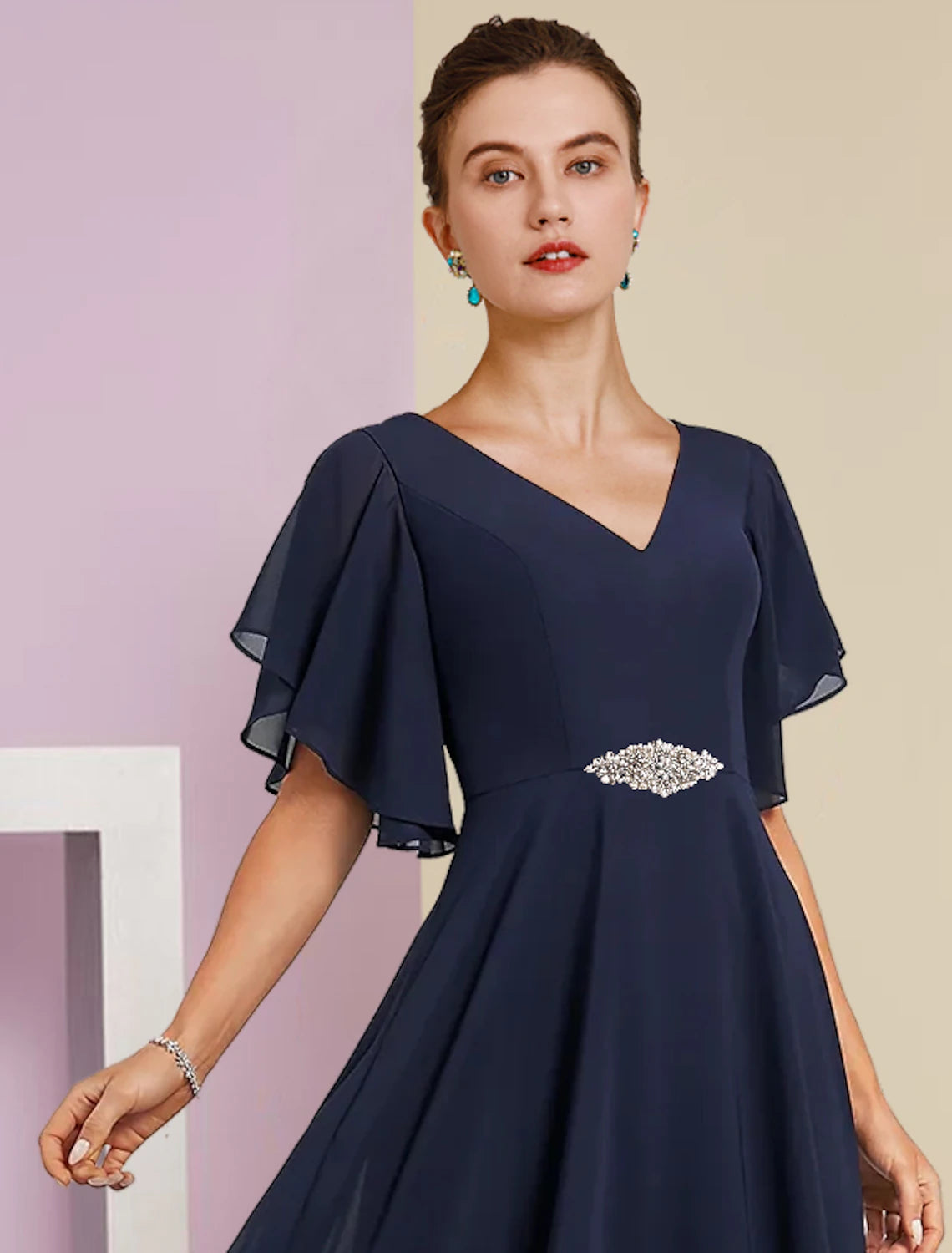 Luolandi A-Line Mother of the Bride Dress Formal Fall Wedding Guest Elegant V Neck Tea Length Chiffon Lace Short Sleeve