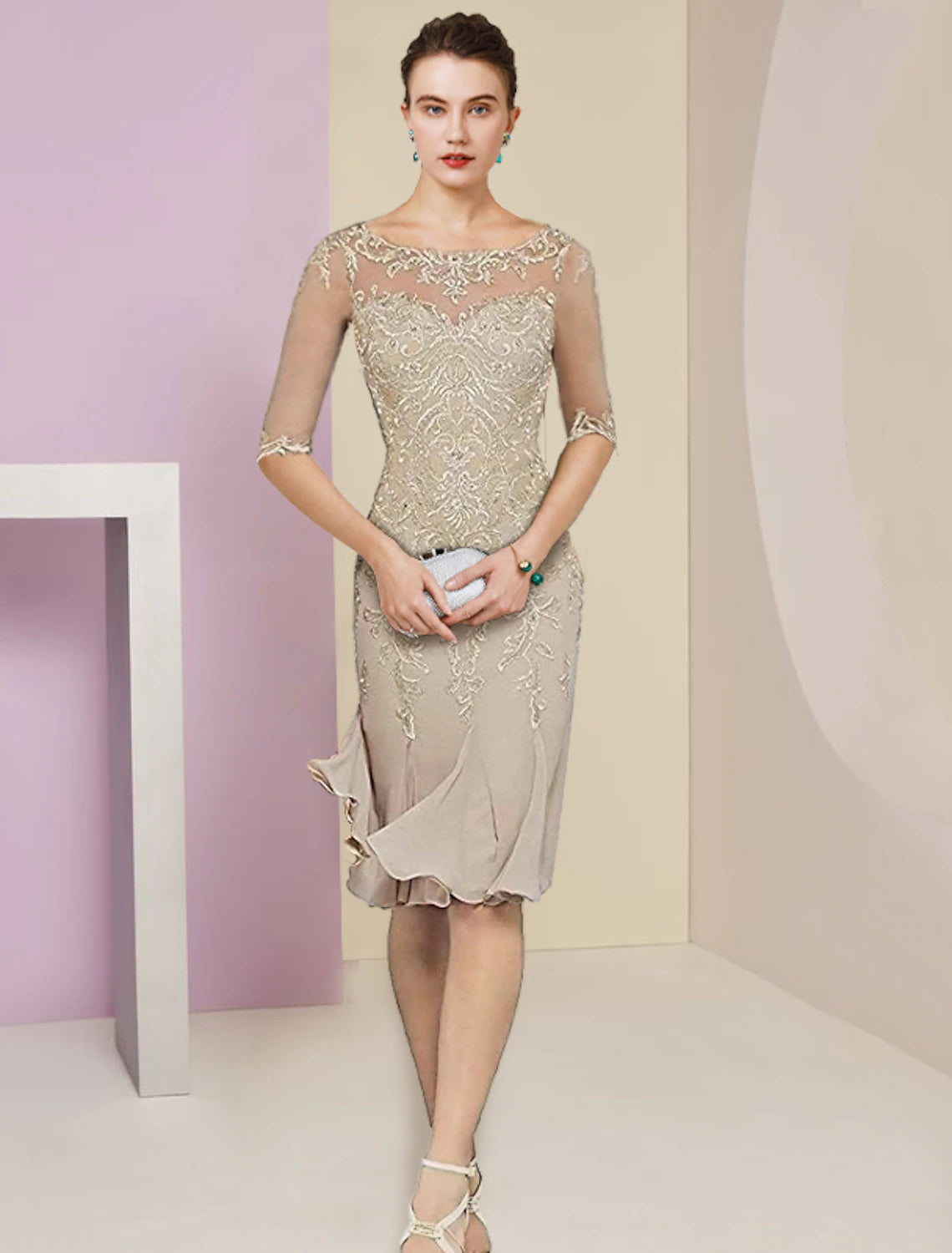 Luolandi Two Piece Mermaid / Trumpet Mother of the Bride Dress Formal Wedding Guest Vintage Elegant Scoop Neck Knee Length Chiffon Lace Half Sleeve Jacket Dresses