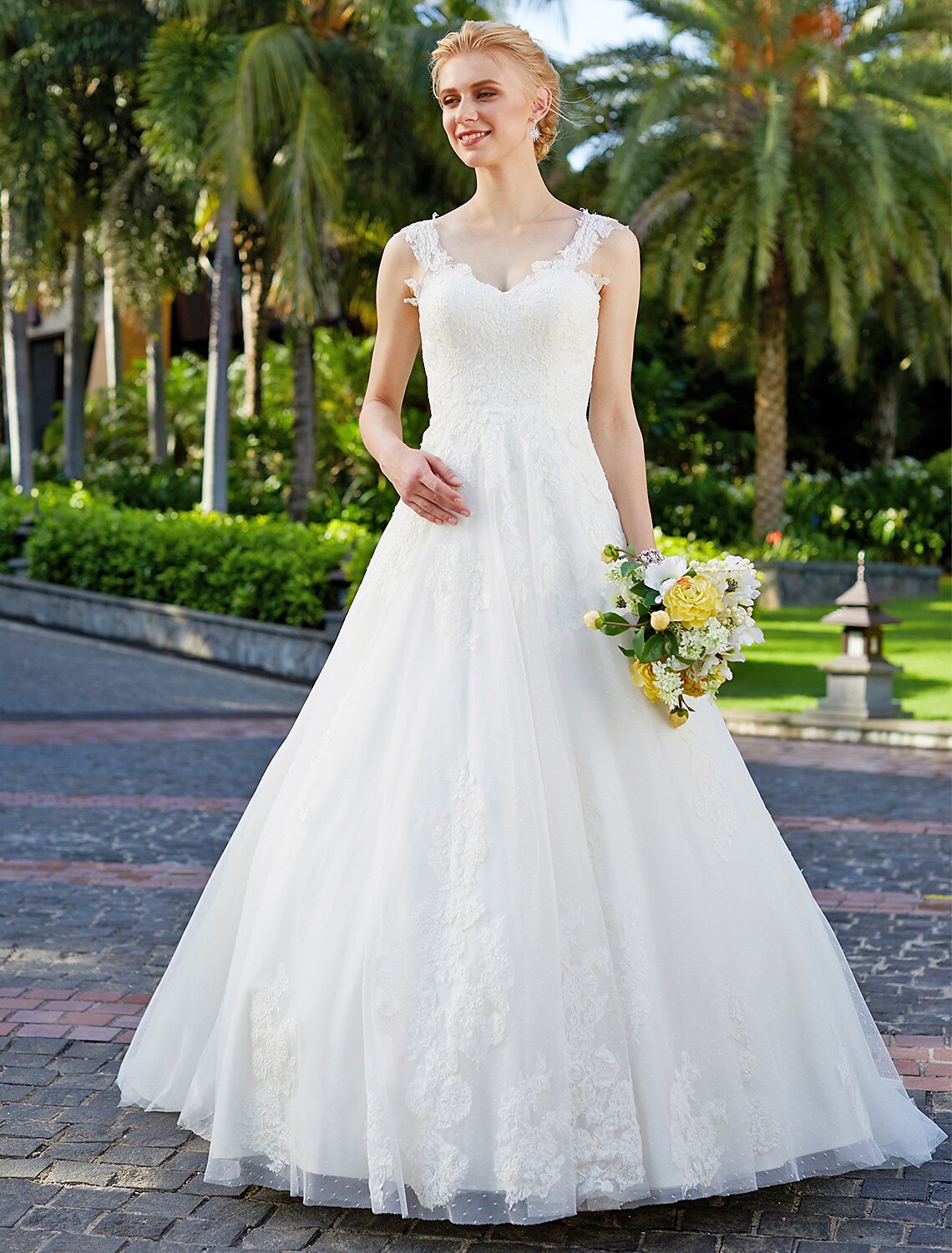 Luolandi Wedding Dresses Ball Gown V Neck Regular Straps Floor Length Tulle Over Lace Bridal Gowns