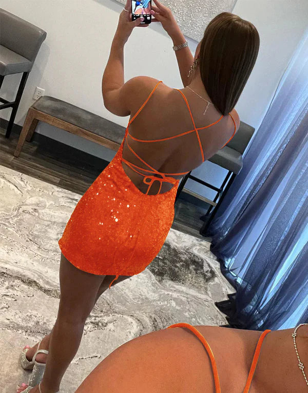 Luolandi Bodycon Scoop Neck Sequins Homecoming Dress Sparkly Party Dress