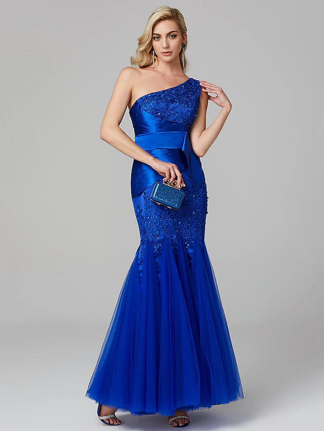 Luolandi Fit & Flare Elegant Dress Holiday Floor Length Sleeveless One Shoulder Lace Over Tulle