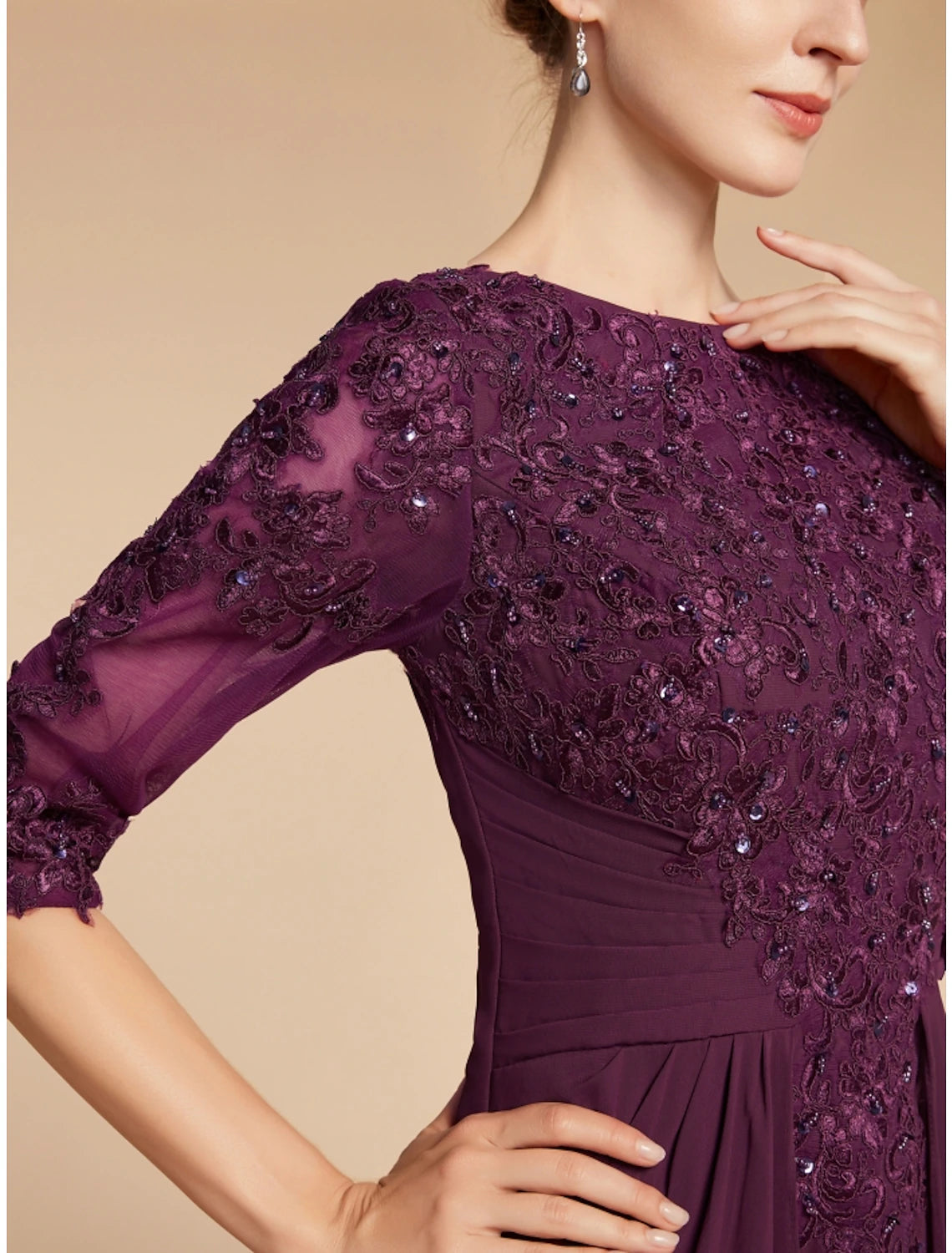 Luolandi Sheath / Column Mother of the Bride Dress Wedding Guest Elegant Scoop Neck Floor Length Chiffon Lace Half Sleeve with Pleats