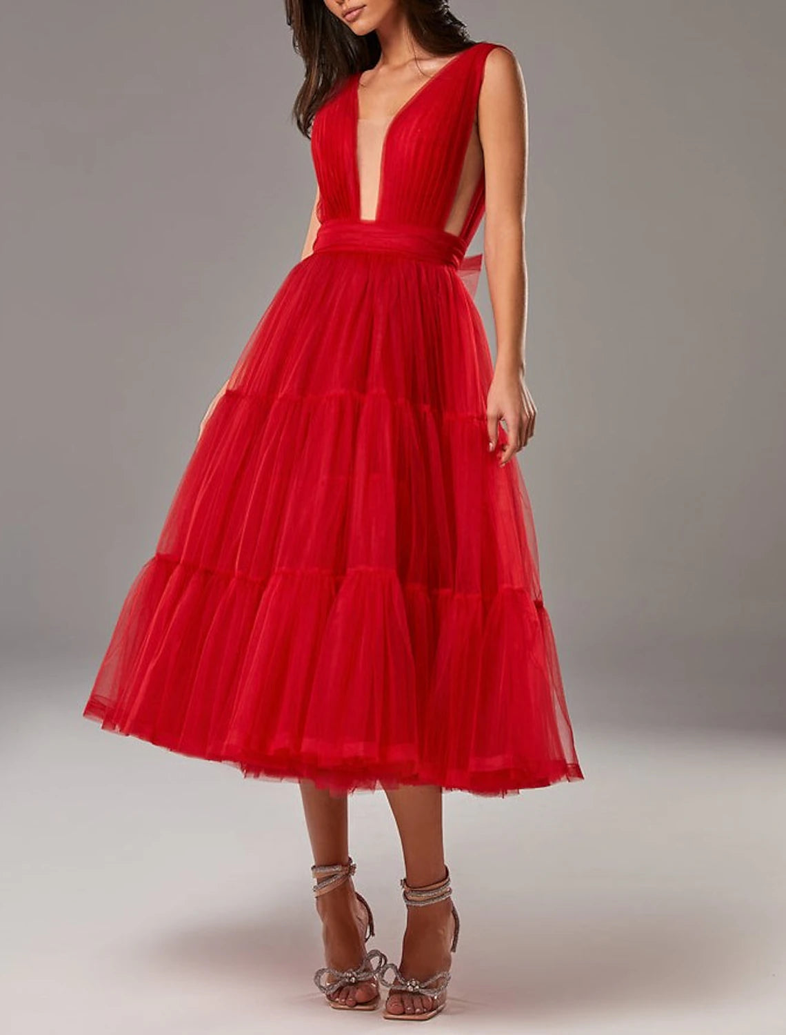 Luolandi A-Line Prom Dresses Princess Dress Wedding Guest Tea Length Sleeveless V Neck Tulle with Bow(s)