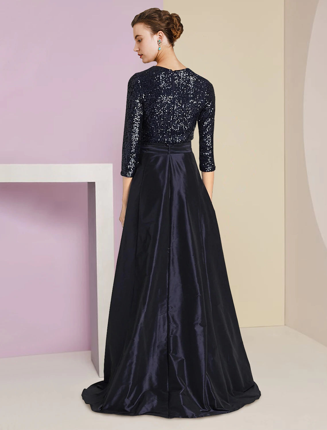 Luolandi Two Piece Sheath / Column Mother of the Bride Dress Formal Wedding Guest Sparkle & Shine Elegant Scoop Neck Floor Length Detachable Taffeta Sequined 3/4 Length Sleeve