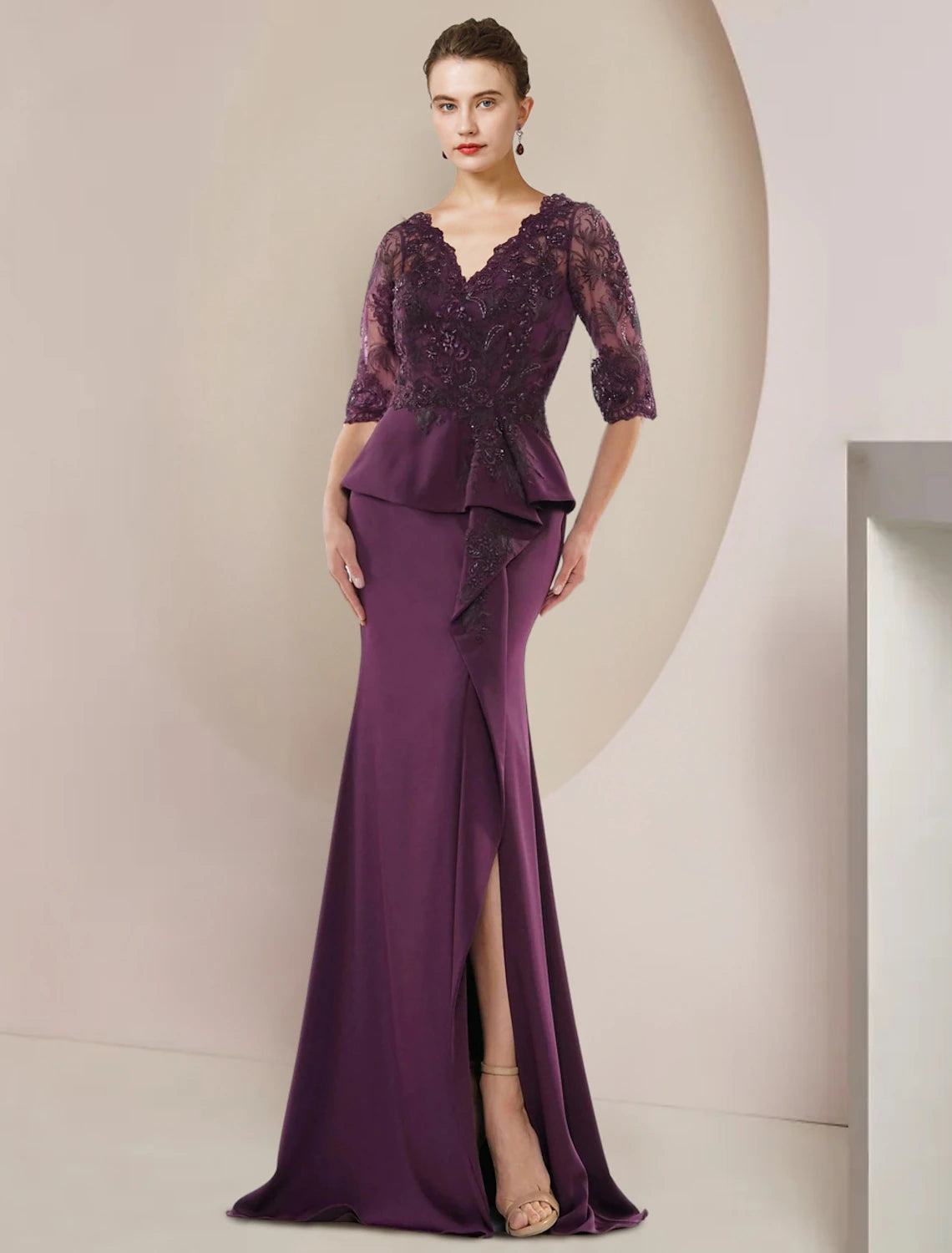 Luolandi Mermaid / Trumpet Mother of the Bride Dress Formal Wedding Guest Luxurious Elegant V Neck Floor Length Lace Chiffon Half Sleeve with Beading Ruffles