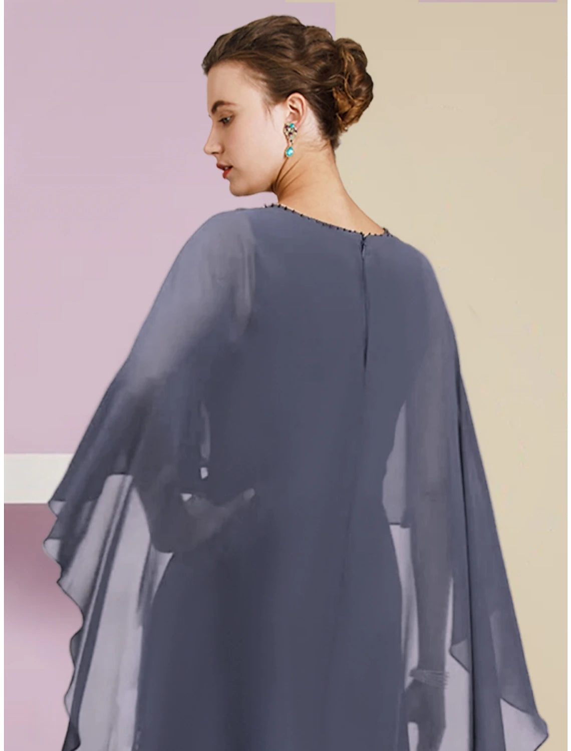 Luolandi Sheath / Column Mother of the Bride Dress Wedding Guest Elegant Jewel Neck Floor Length Chiffon Half Sleeve with Sequin Tier