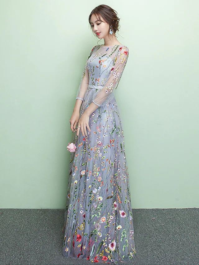 Luolandi A-Line Elegant Sparkle & Shine Formal Evening Dress Jewel Neck 3/4 Length Sleeve Floor Length Lace