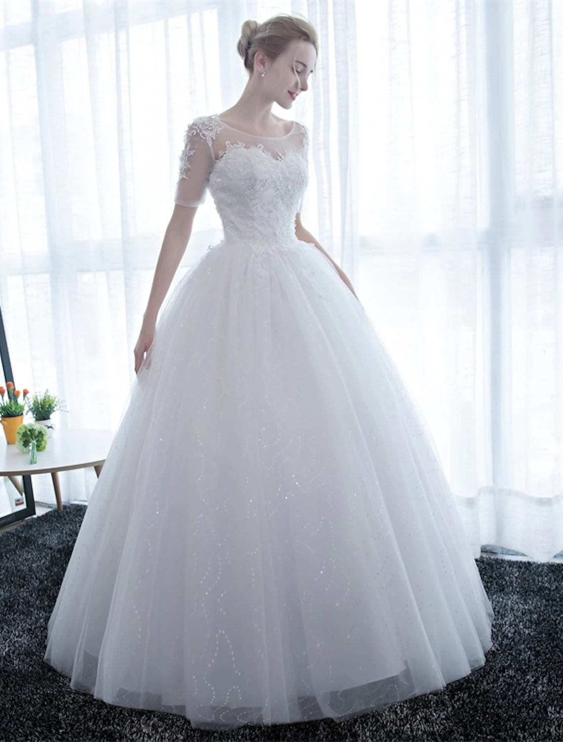 Luolandi Reception Formal Wedding Dresses Ball Gown Illusion Neck Half Sleeve Floor Length Satin Bridal Gowns