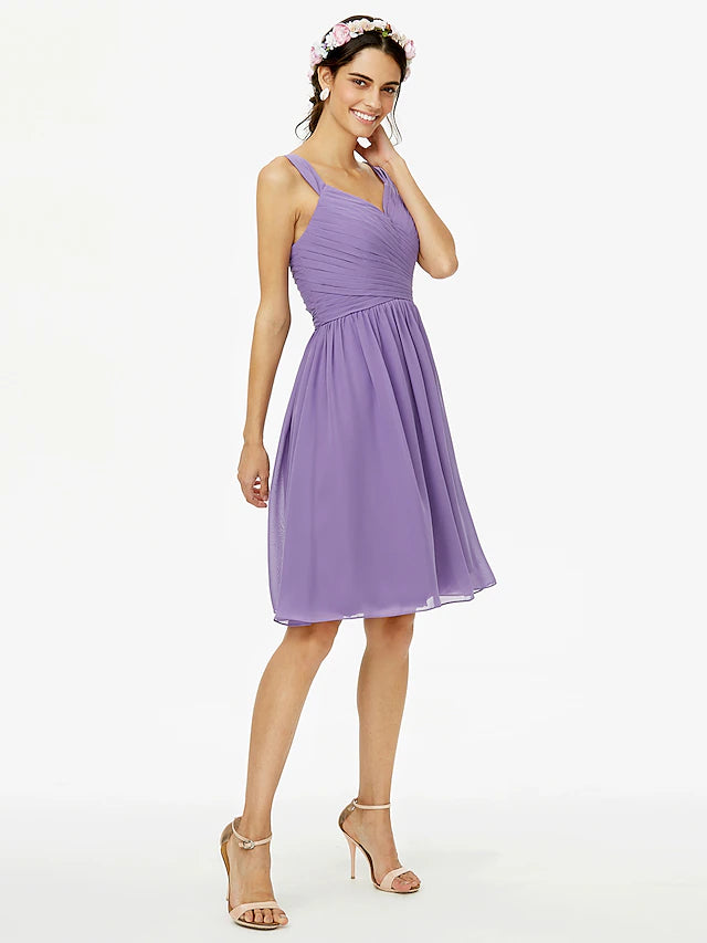 Luolandi A-Line Bridesmaid Dress Straps Sleeveless Open Back Knee Length Chiffon with Sash / Ribbon / Bow(s)