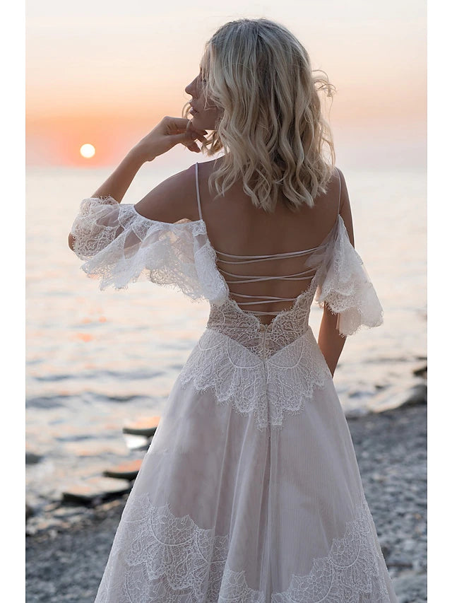 Luolandi Beach Open Back Boho Wedding Dresses Sweep / Brush Train A-Line Short Sleeve V Neck Lace
