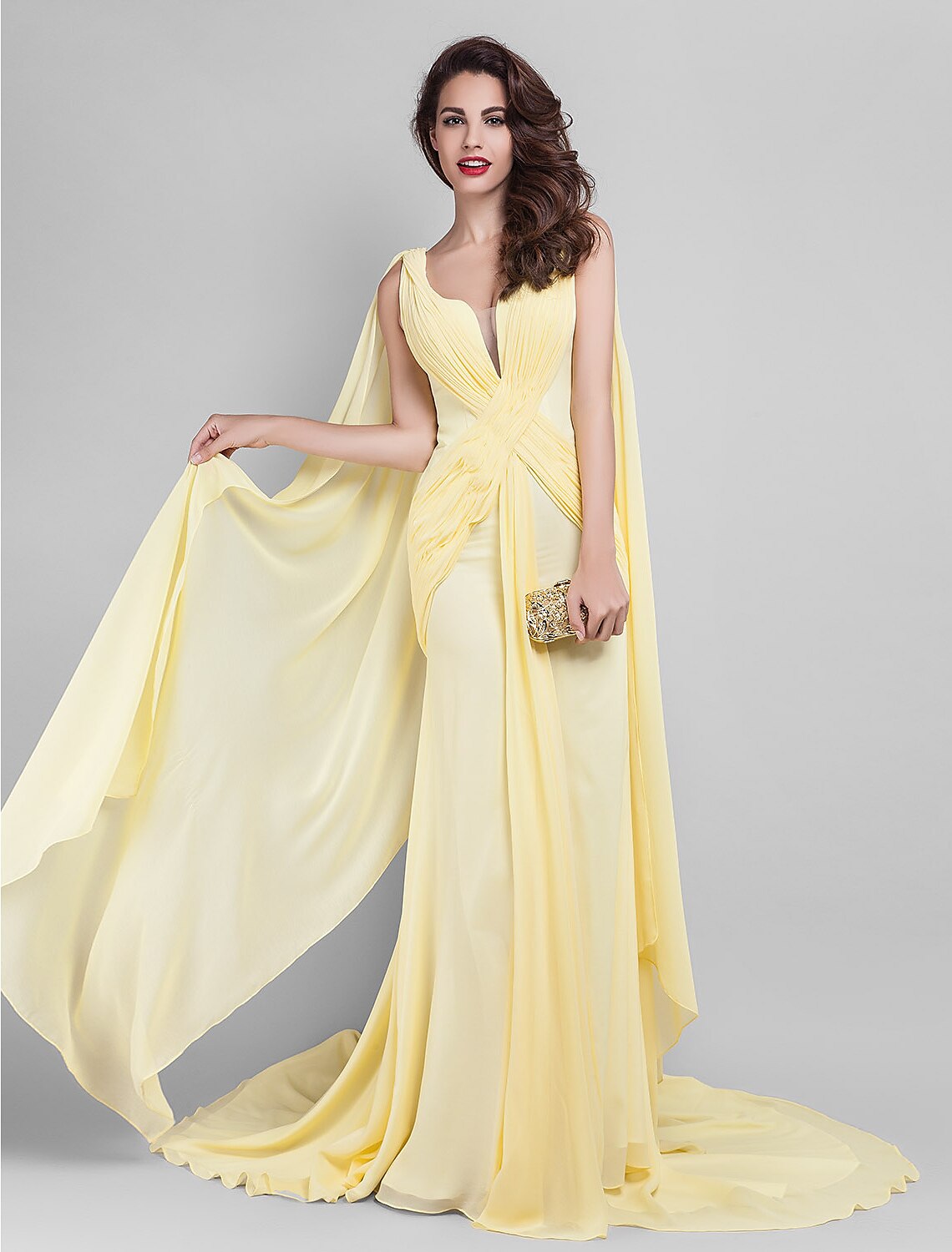 Luolandi Sheath / Column Elegant Dress Wedding Guest Court Train Sleeveless Plunging Neck Georgette V Back with Criss Cross Side