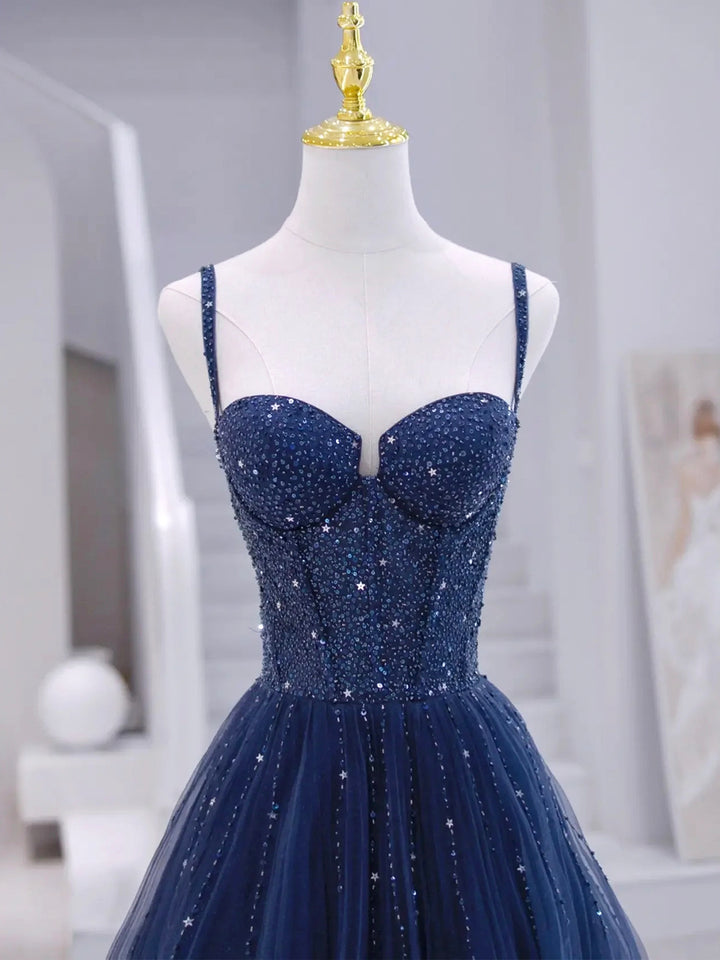 Luolandi Blue Tulle Beaded Long Formal Dress Blue Evening Dress Floor Length Sparkly Prom Dress