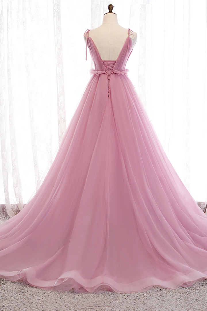 Luolandi Pink Tulle Long Prom Dresses A-Line Evening Party Dresses V-neck Sexy