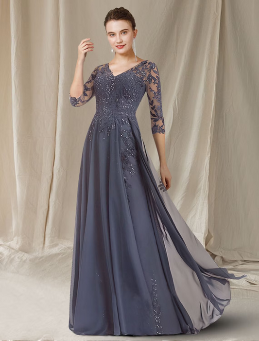 A-Line Mother of the Bride Dress Elegant V Neck Floor Length Chiffon Lace Sequined Half Sleeve