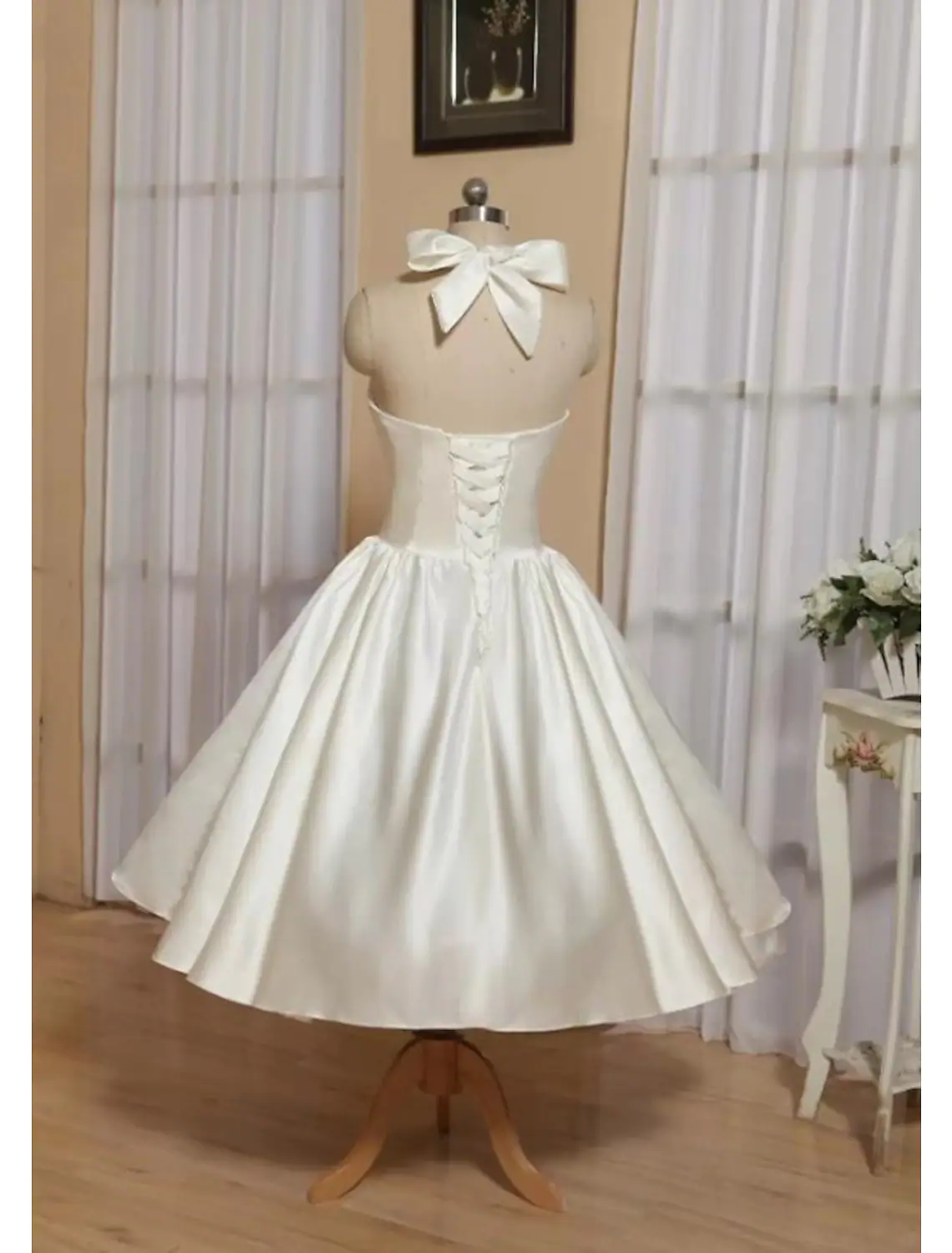 Luolandi Ball Gown A-Line Cocktail Dresses Minimalist Dress Engagement Tea Length Sleeveless Halter Italy Satin with Butterfly