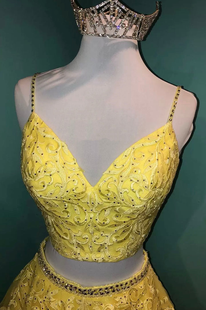 Luolandi Yellow Lace Two Pieces Prom Dress A-Line Evening Party Dress Sexy