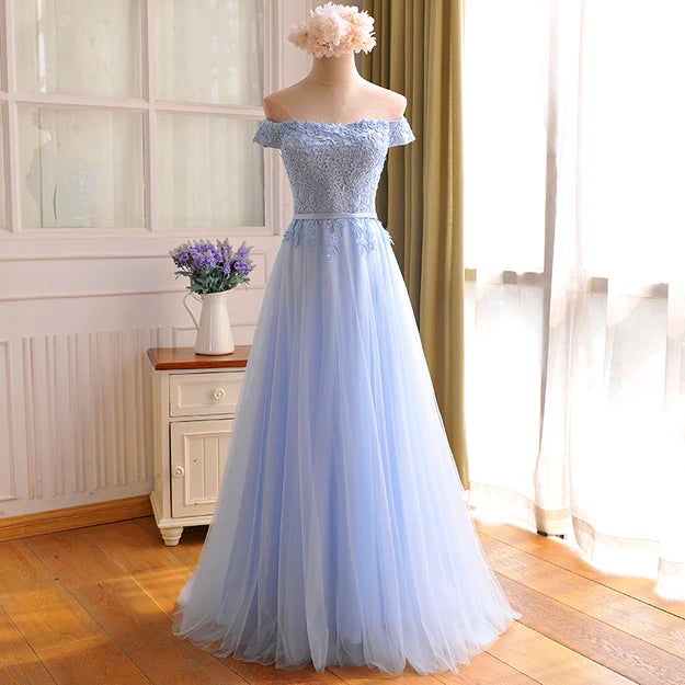 Luolandi Elegant Light Blue Lace Applique Long Party Dress Off Shoulder Bridesmaid Dress Prom Dress