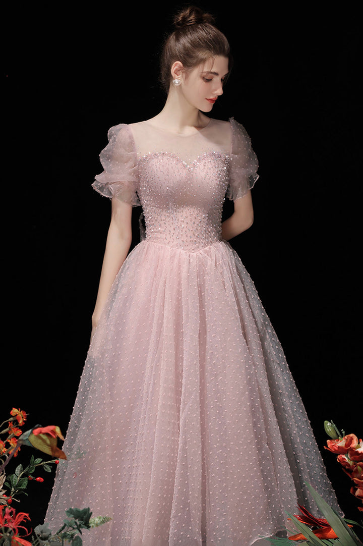 Luolandi Pink Tulle Beading Tea Length Prom Dresses A-Line Homecoming Dresses Beautiful