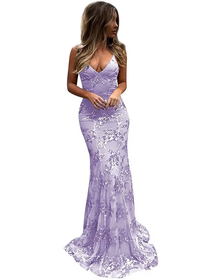 Mermaid / Trumpet Prom Dresses Sparkle & Shine Dress Formal Sweep / Brush Train Sleeveless V Neck Lace