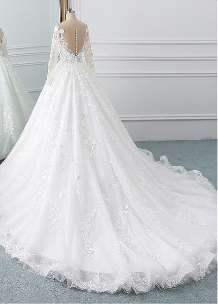 Luolandi A Line Wedding Dresses Long Sleeves With Applique Tulle Covered Button Sweep Train Beautiful