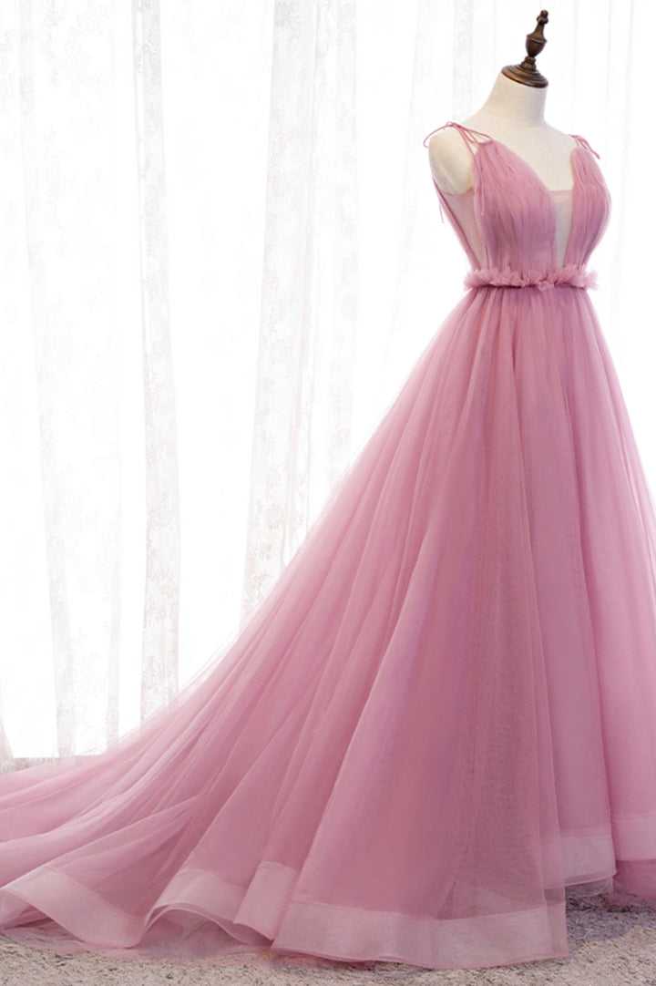 Luolandi Pink Tulle Long Prom Dresses A-Line Evening Party Dresses V-neck Sexy