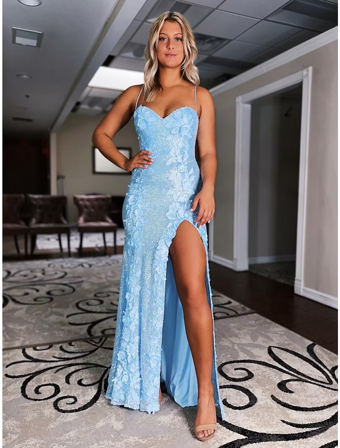 Luolandi Mermaid / Trumpet Long Evening Gown Sexy Dress Formal Sweep / Brush Train Sleeveless Spaghetti Strap Sequined Backless with Sequin Appliques