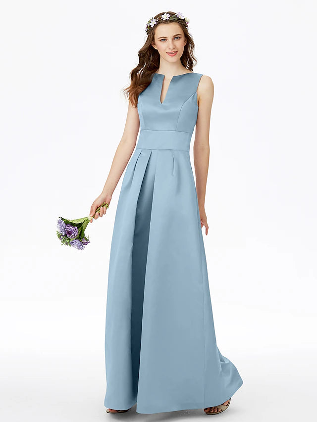 A-Line Bridesmaid Dress Notched Sleeveless Elegant Floor Length Satin with Pleats