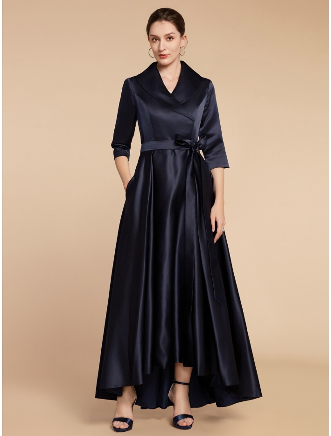 Luolandi A-Line Mother of the Bride Dress Wedding Guest Elegant V Neck Ankle Length Satin Half Sleeve with Sash / Ribbon Ruching