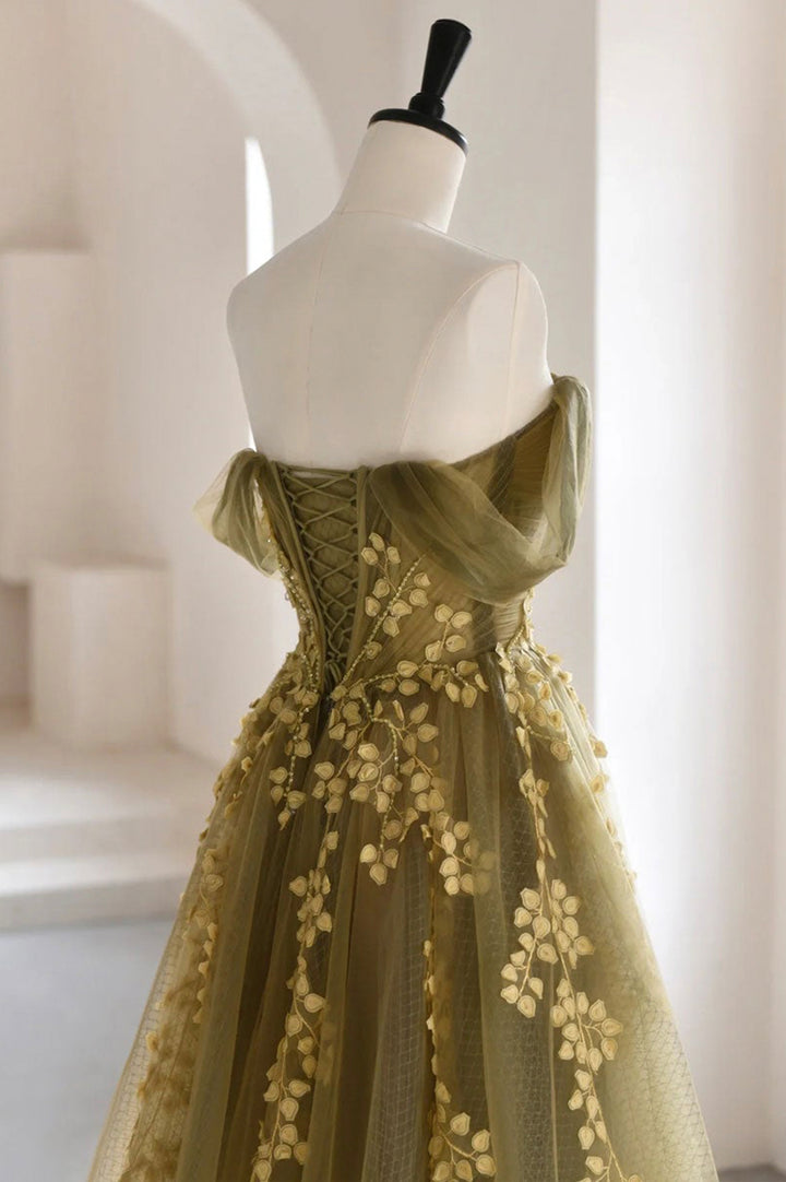 Luolandi Green Tulle Long Prom Dresses A-Line Off the Shoulder Evening Dresses Sexy