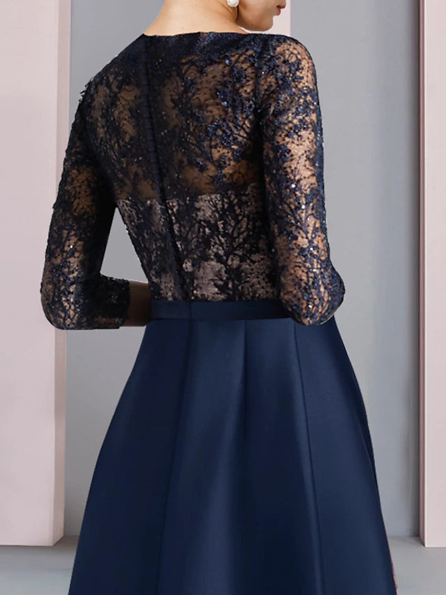 Luolandi A-Line Mother of the Bride Dress Wedding Guest Elegant High Low V Neck Asymmetrical Tea Length Satin Lace Half Sleeve with Bow(s) Color