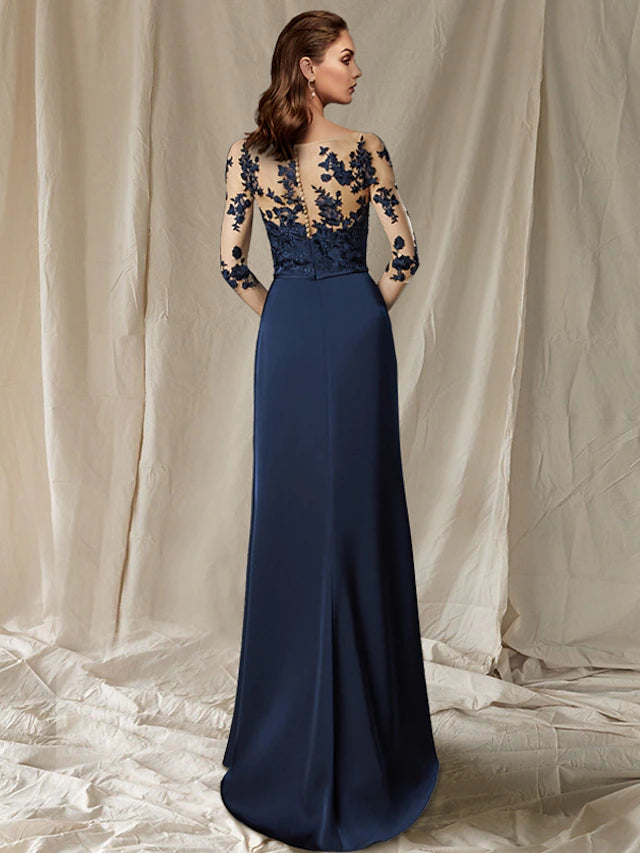 Luolandi Sheath / Column Mother of the Bride Dress Plus Size Elegant Jewel Neck Sweep / Brush Train Chiffon Half Sleeve