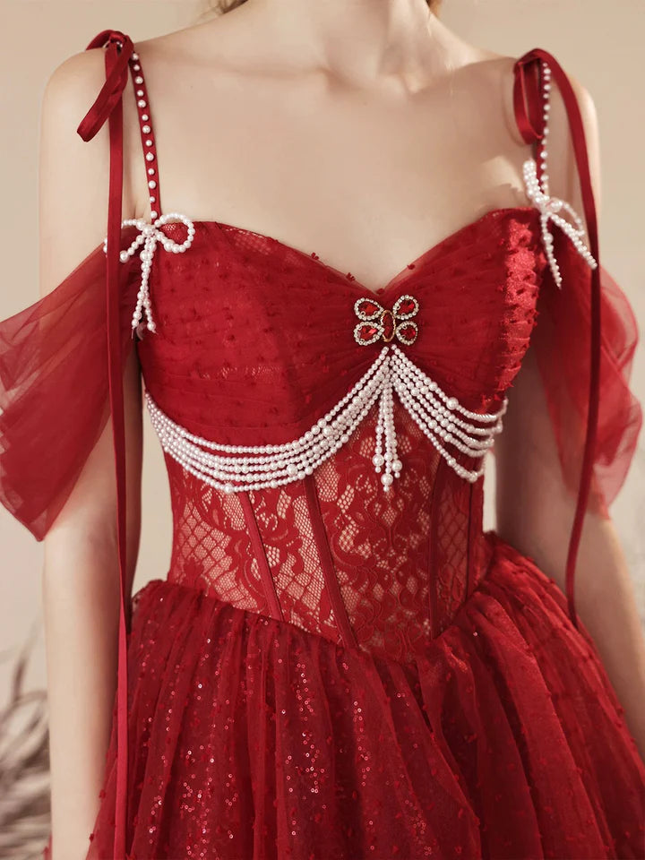 Luolandi Dark Red Tulle Beaded Long Prom Dress Beautiful Off the Shoulder Evening Party Dress Sexy