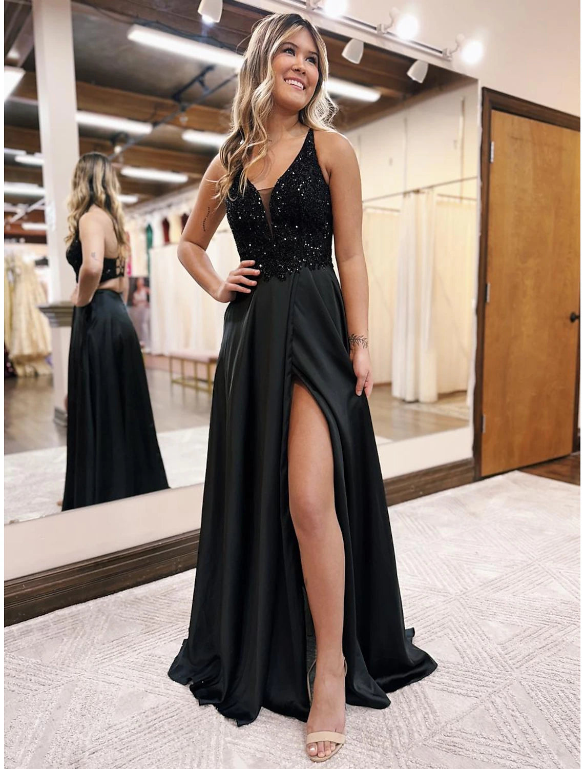 Luolandi A-Line Evening Gown Empire Dress Formal Prom Floor Length Sleeveless V Neck Pocket Satin Backless