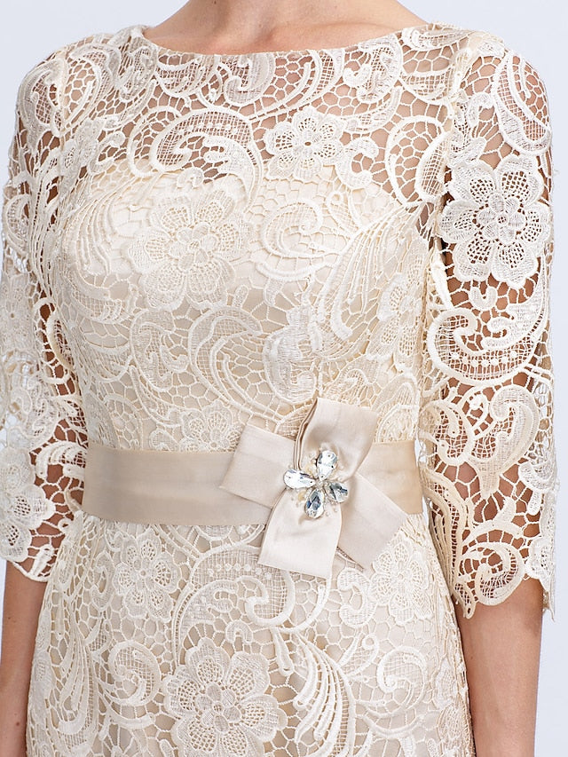 Luolandi Sheath / Column Mother of the Bride Dress Formal Wedding Guest Plus Size Elegant Illusion Neck Knee Length All Over Lace 3/4 Length Sleeve