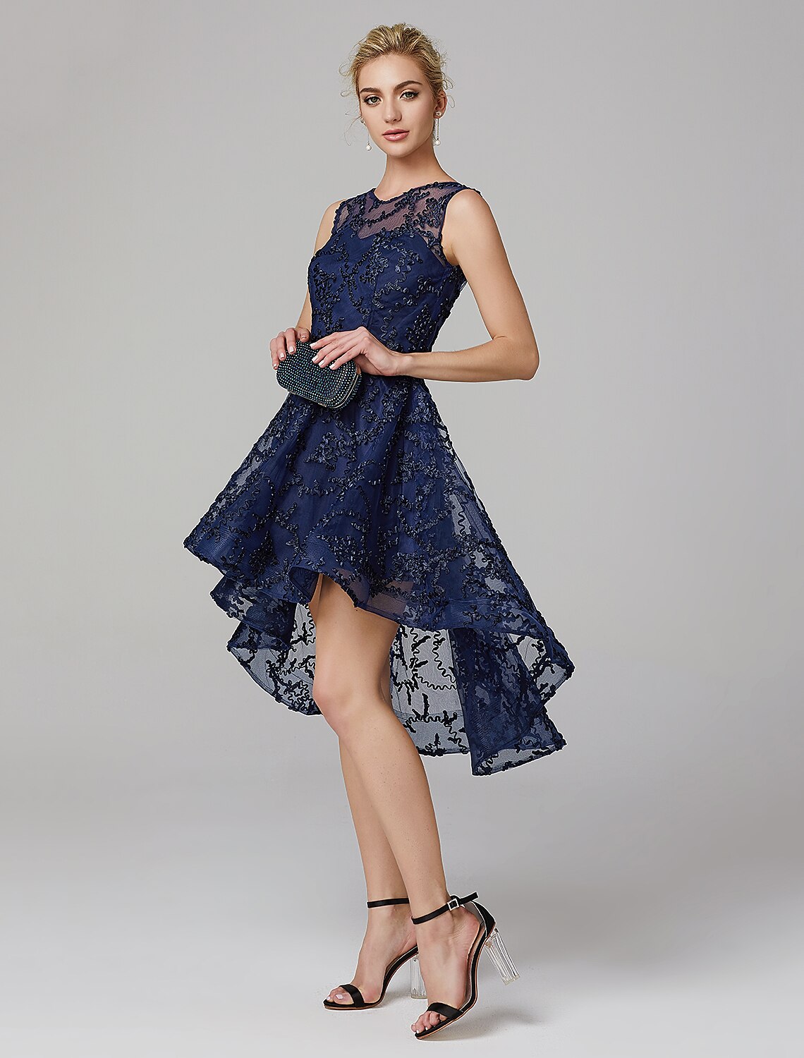 Luolandi A-Line Hot Dress Wedding Guest Cocktail Party Asymmetrical Sleeveless Illusion Neck Tulle