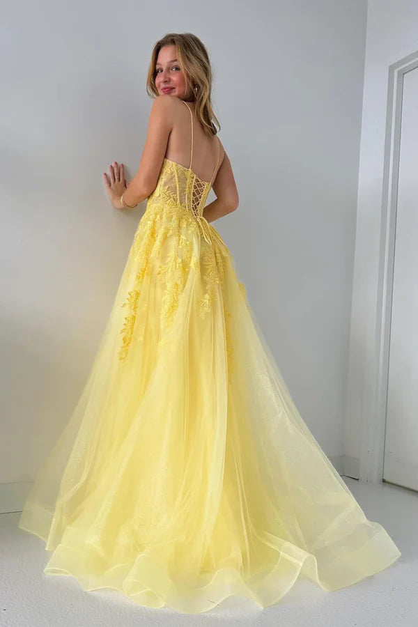 Luolandi A-Line V Neck Yellow Tulle Lace Long Prom Dresses with Appliques Beautiful