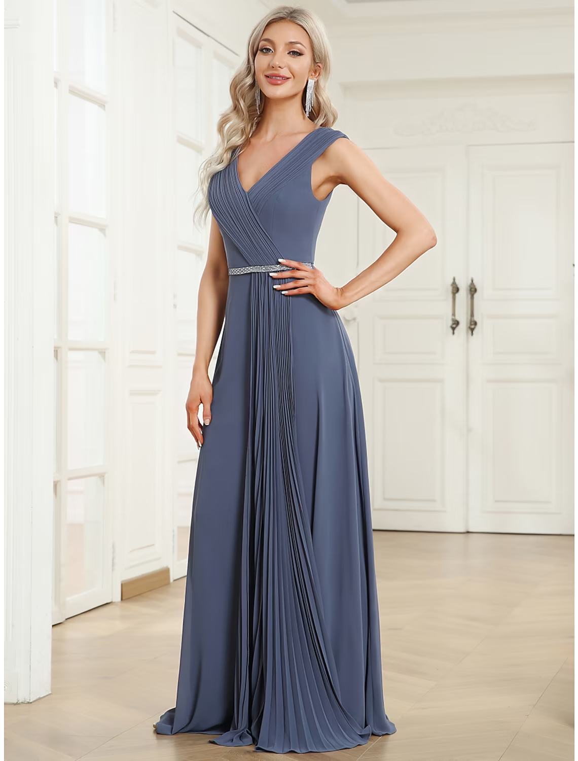Luolandi A-Line Wedding Guest Dresses Minimalist Dress Formal Floor Length Sleeveless V Neck Chiffon with Pleats