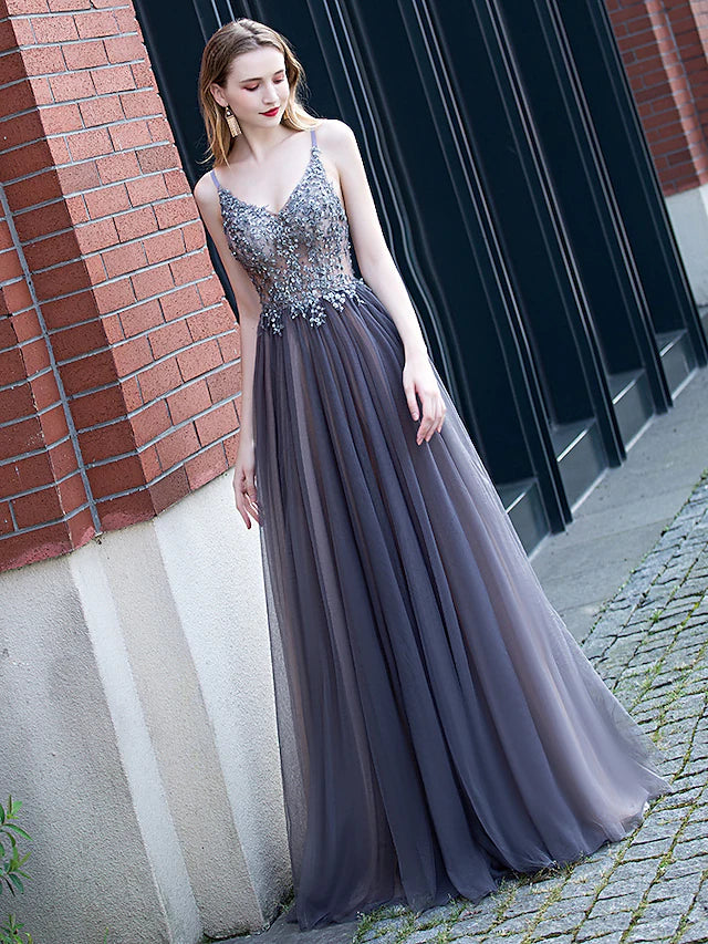 Luolandi A-Line Minimalist Elegant Party Wear Prom Dress V Neck Sleeveless Floor Length Tulle with Pleats