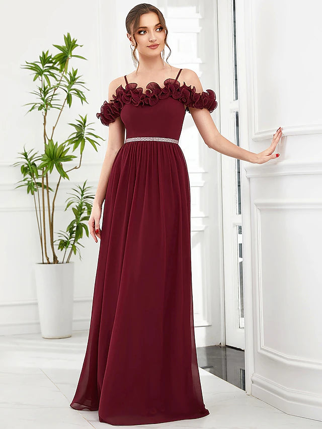 Luolandi A-Line Prom Dresses Vintage Dress Wedding Guest Floor Length Sleeveless Off Shoulder Chiffon with Appliques Flower