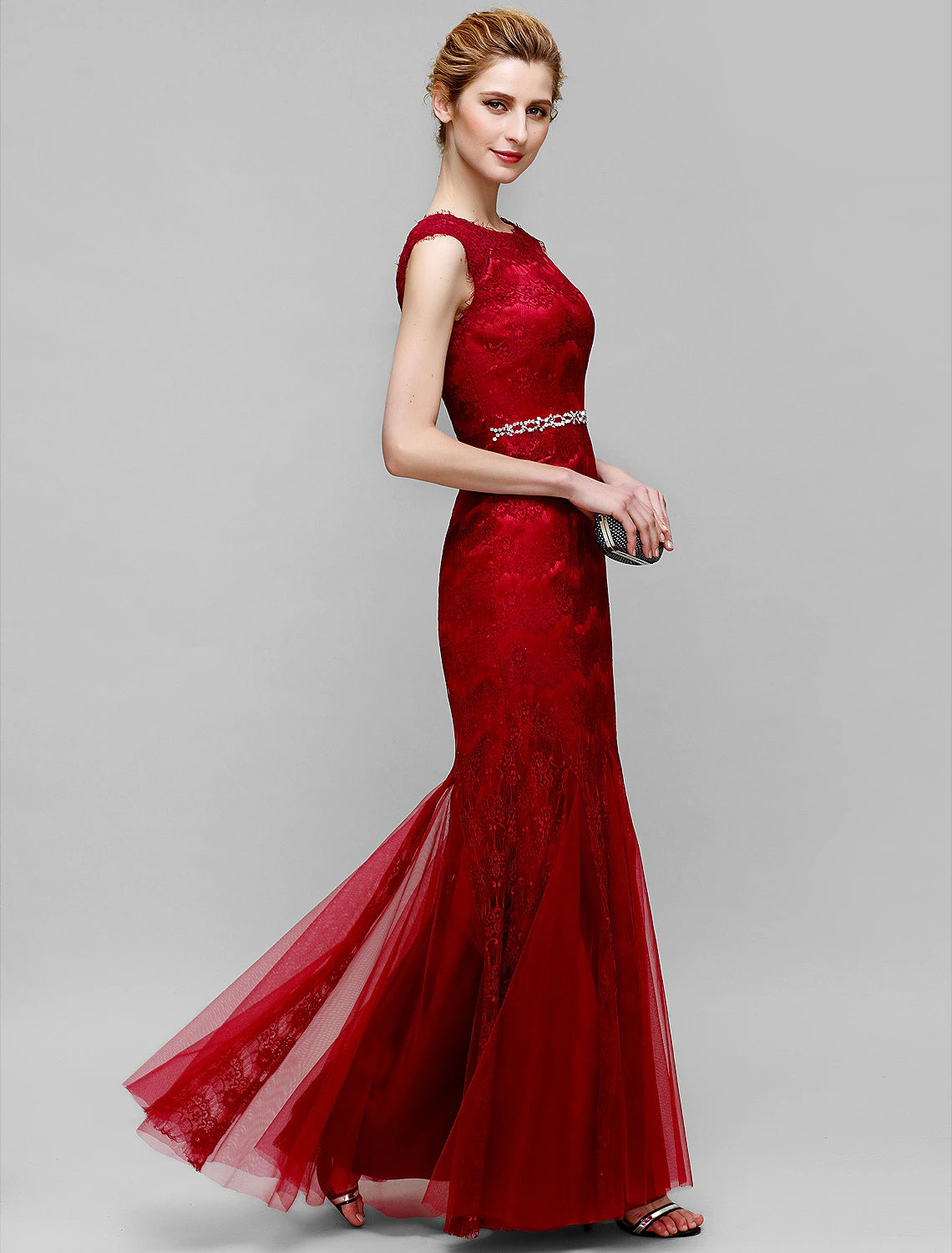 Luolandi Mermaid / Trumpet Mother of the Bride Dress Jewel Neck Ankle Length Lace Tulle Sleeveless No with Lace